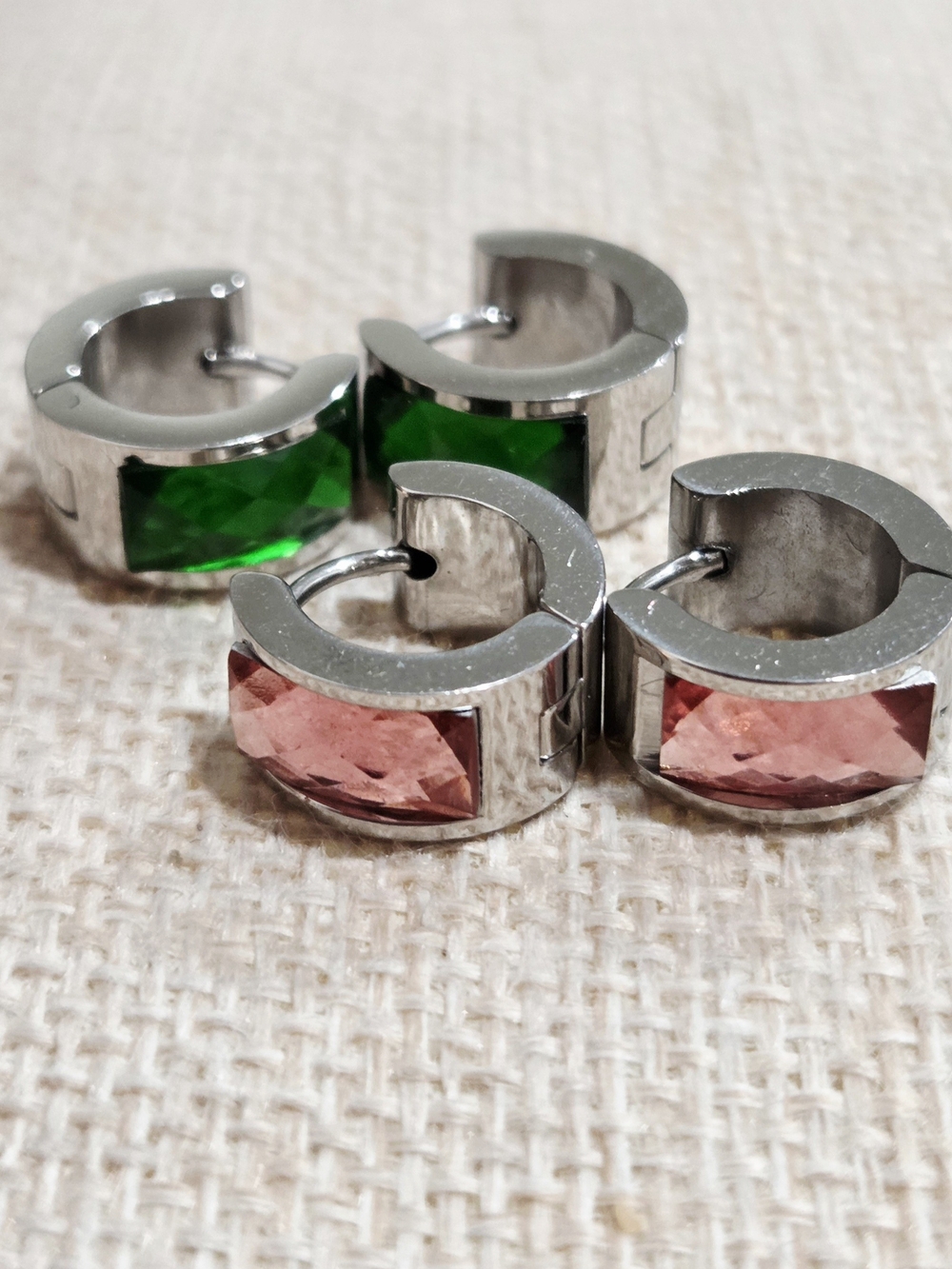 Stainless Steel Huggies Hoop Earrings with Pink and Green Gemstones